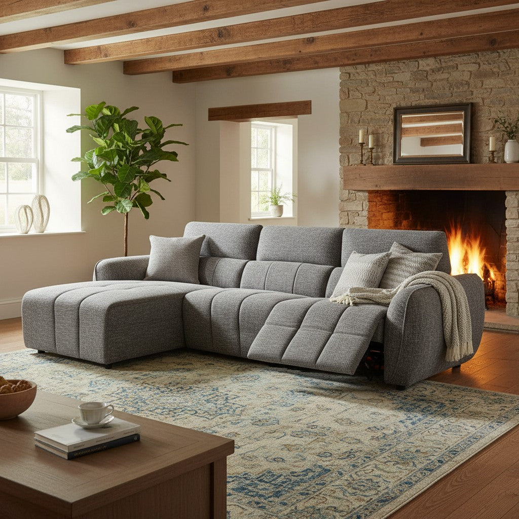 Turin Electric Recliner Charcoal Grey Fabric Left Hand L-Shape Corner Sofa