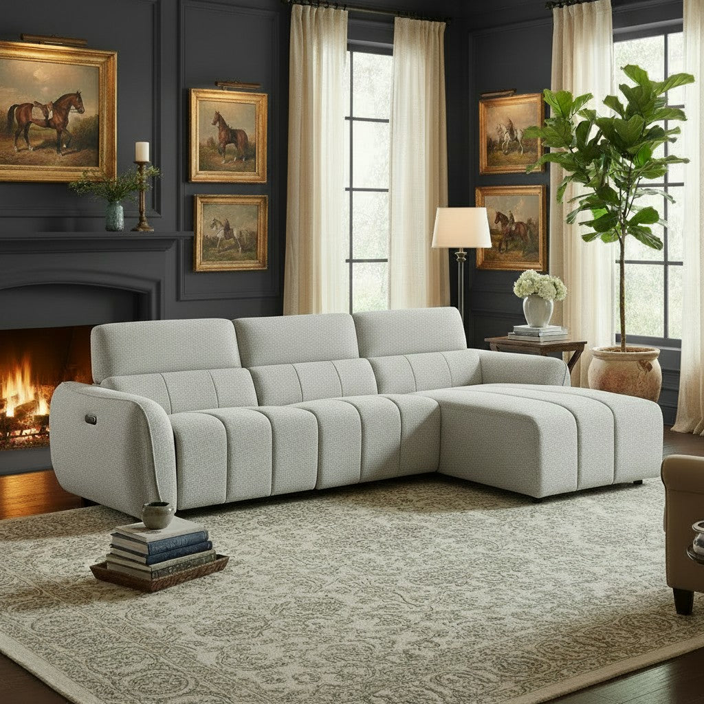 Turin Electric Recliner Silver Fabric Right Hand L-Shape Corner Sofa