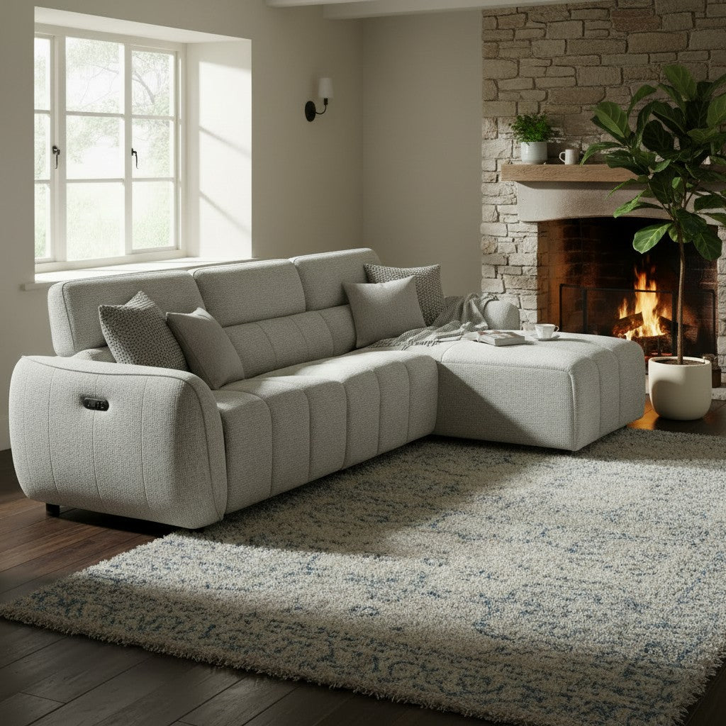 Turin Electric Recliner Silver Fabric Right Hand L-Shape Corner Sofa