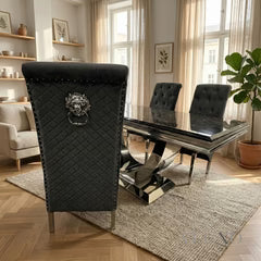 Luxury Urban 1.8m Black & Gold Marble Dining Set Chrome U Base Table With Einar Grey Velvet Chairs