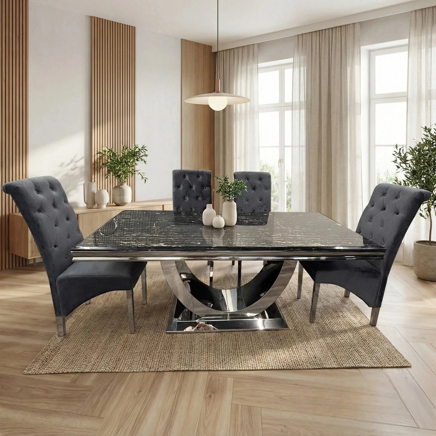 Luxury Urban 1.8m Black & Gold Marble Dining Set Chrome U Base Table With Einar Grey Velvet Chairs