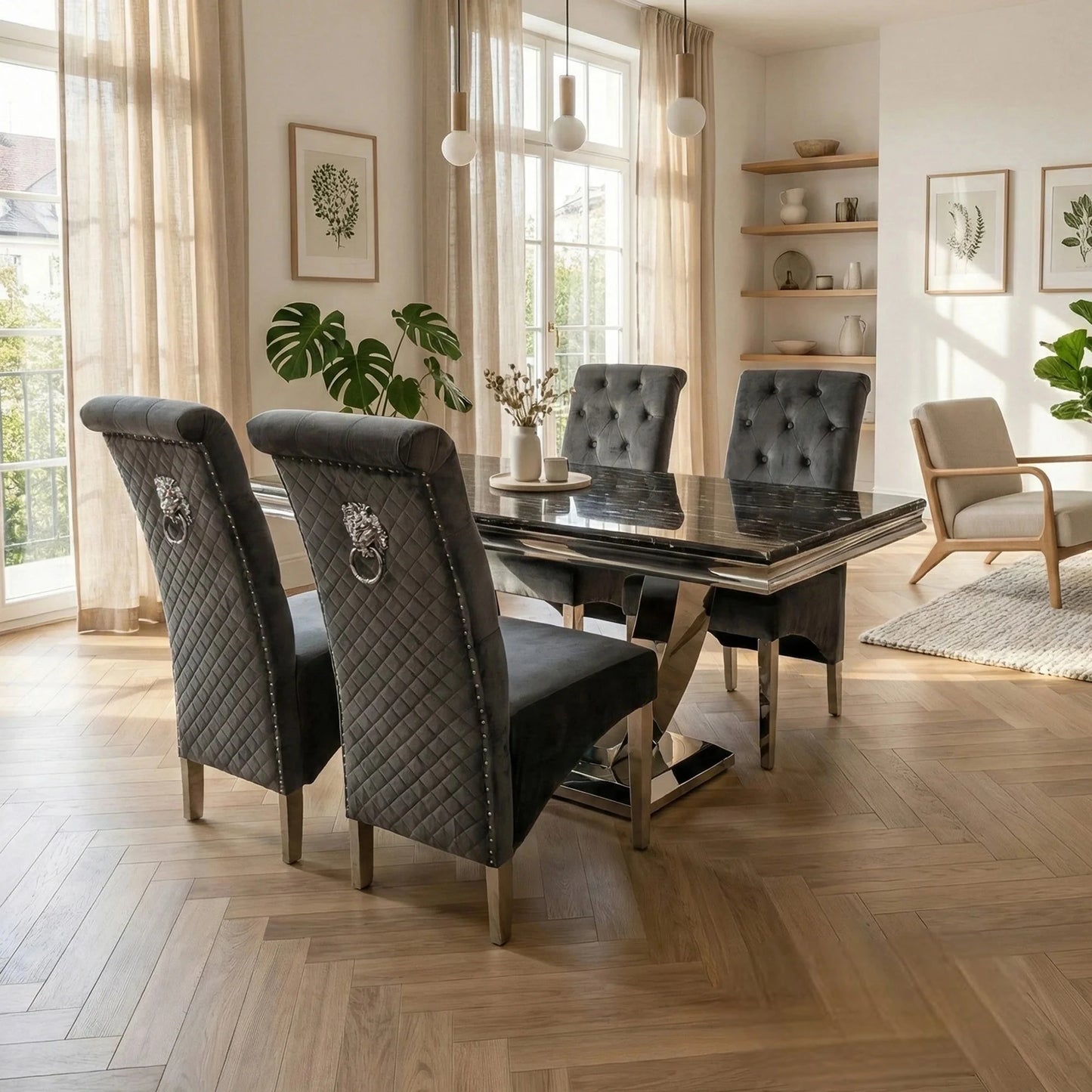 Luxury Urban 1.8m Black & Gold Marble Dining Set Chrome U Base Table With Einar Grey Velvet Chairs