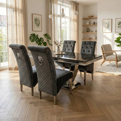 Luxury Urban 1.8m Black & Gold Marble Dining Set Chrome U Base Table With Einar Grey Velvet Chairs