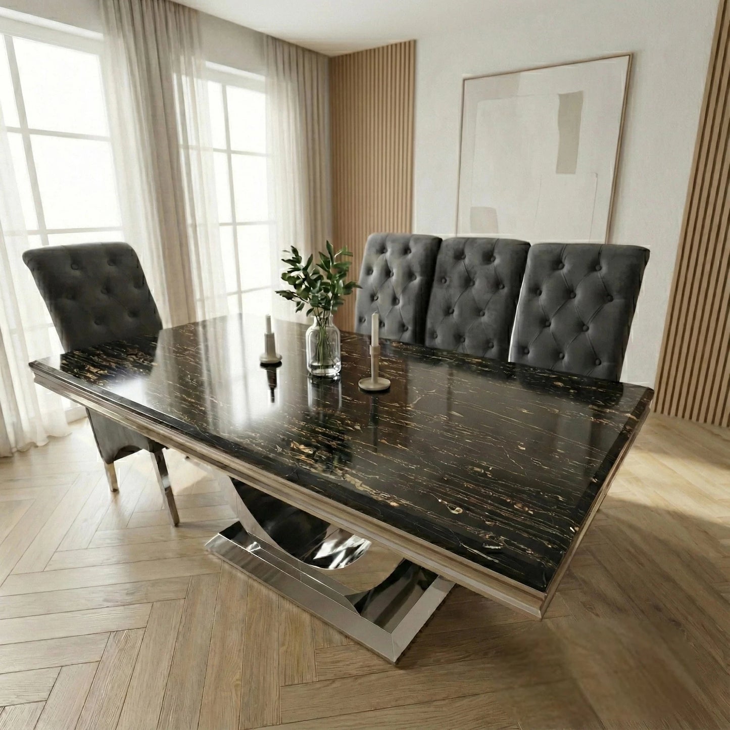 Luxury Urban 1.8m Black & Gold Marble Dining Set Chrome U Base Table With Einar Grey Velvet Chairs