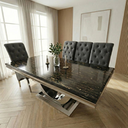 Luxury Urban 1.8m Black & Gold Marble Dining Set Chrome U Base Table With Einar Grey Velvet Chairs