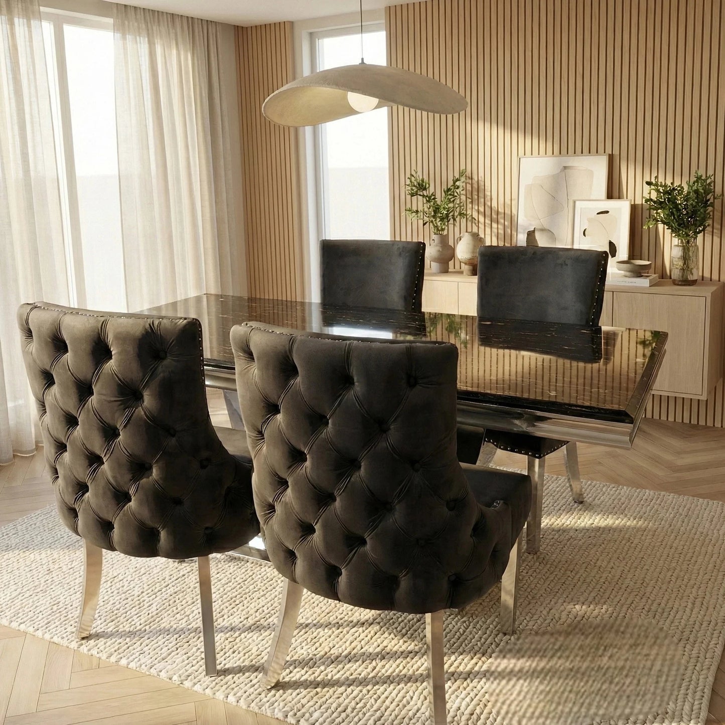 Luxury Urban 1.8m Black & Gold Marble Dining Set Chrome U-Base Table With Oskar Dark Grey Velvet Chairs