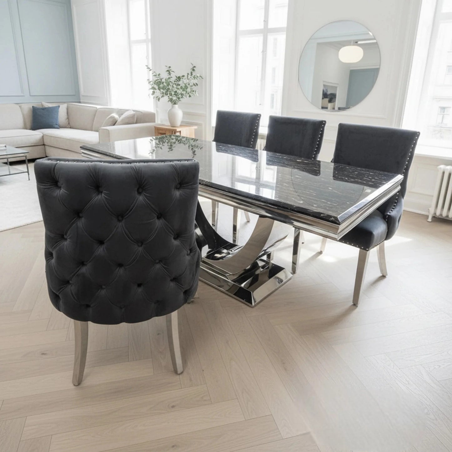 Luxury Urban 1.8m Black & Gold Marble Dining Set Chrome U-Base Table With Oskar Dark Grey Velvet Chairs