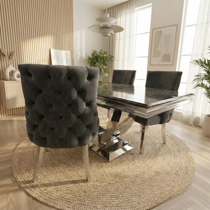 Luxury Urban 1.8m Black & Gold Marble Dining Set Chrome U-Base Table With Oskar Dark Grey Velvet Chairs