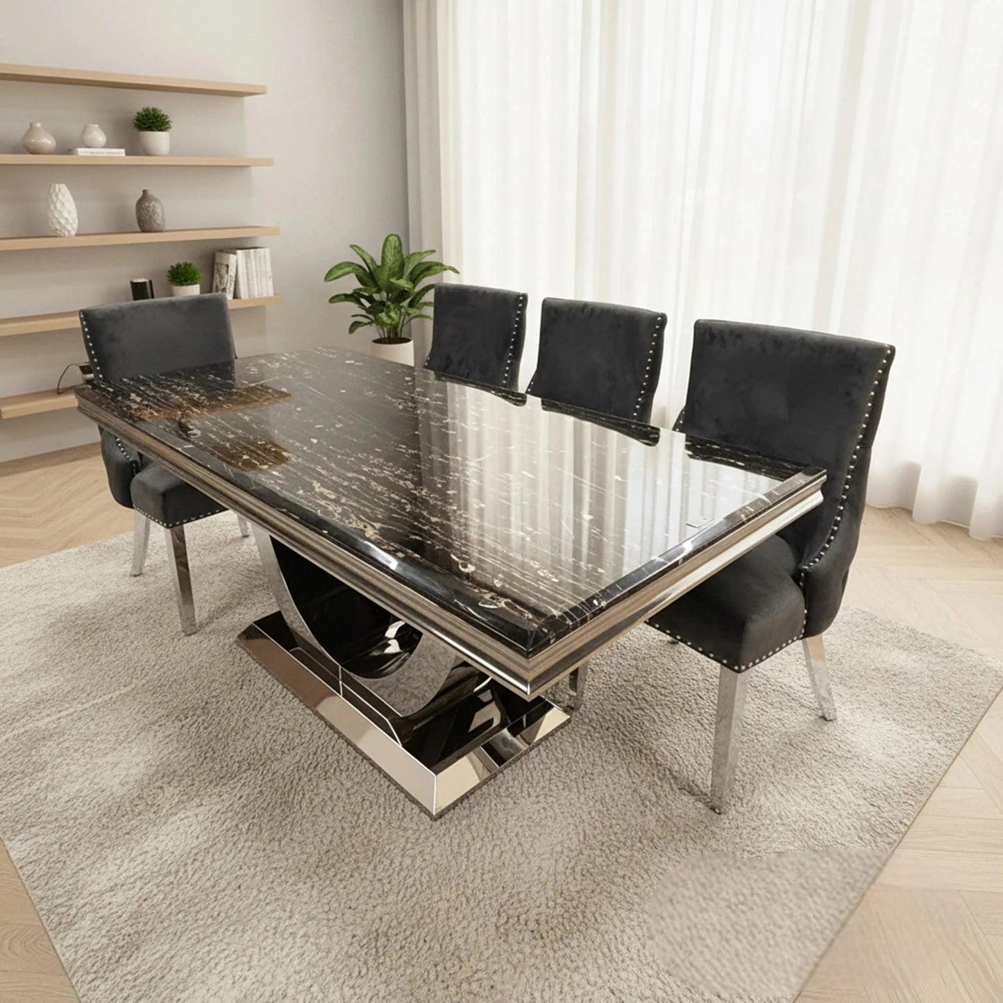 Luxury Urban 1.8m Black & Gold Marble Dining Set Chrome U-Base Table With Oskar Dark Grey Velvet Chairs