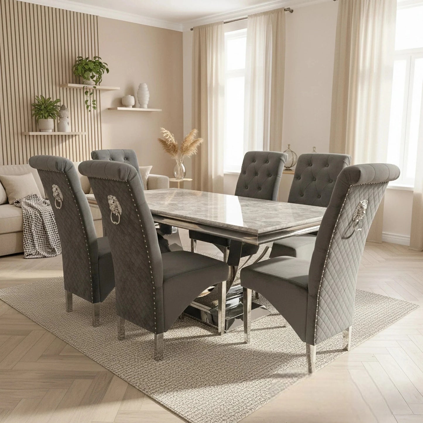 Luxury Urban 1.8m Light Grey Marble Dining Set Chrome U Base Table With Einar Grey Velvet Chairs