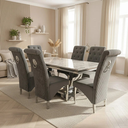 Luxury Urban 1.8m Light Grey Marble Dining Set Chrome U Base Table With Einar Grey Velvet Chairs