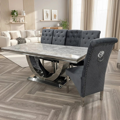 Luxury Urban 1.8m Light Grey Marble Dining Set Chrome U Base Table With Einar Grey Velvet Chairs