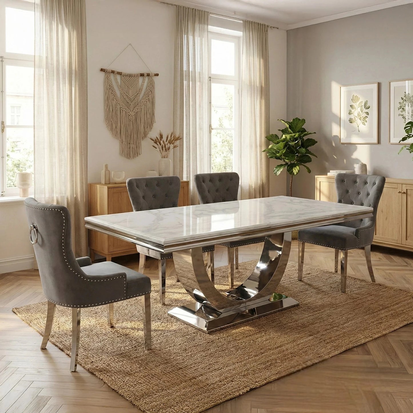 Luxury  Urban 1.8m White Marble Dining Set Chrome U Base Table With Megan Dark Grey Velvet Chairs