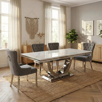 Luxury  Urban 1.8m White Marble Dining Set Chrome U Base Table With Megan Dark Grey Velvet Chairs