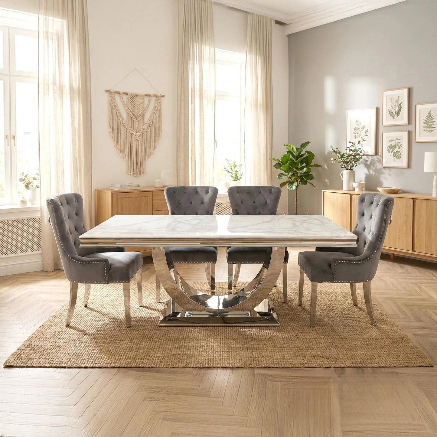 Luxury  Urban 1.8m White Marble Dining Set Chrome U Base Table With Megan Dark Grey Velvet Chairs