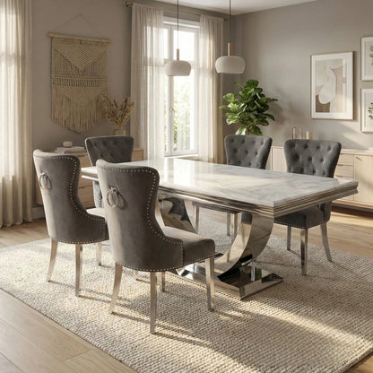 Luxury  Urban 1.8m White Marble Dining Set Chrome U Base Table With Megan Dark Grey Velvet Chairs