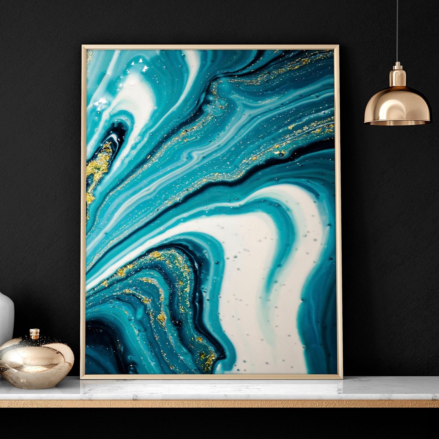 Teal Wall Art Set of 3 Framed Prints | Abstract Marble