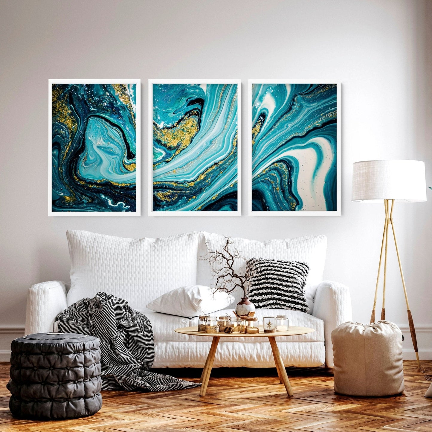 Teal Wall Art Set of 3 Framed Prints | Abstract Marble