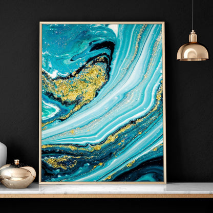 Teal Wall Art Set of 3 Framed Prints | Abstract Marble