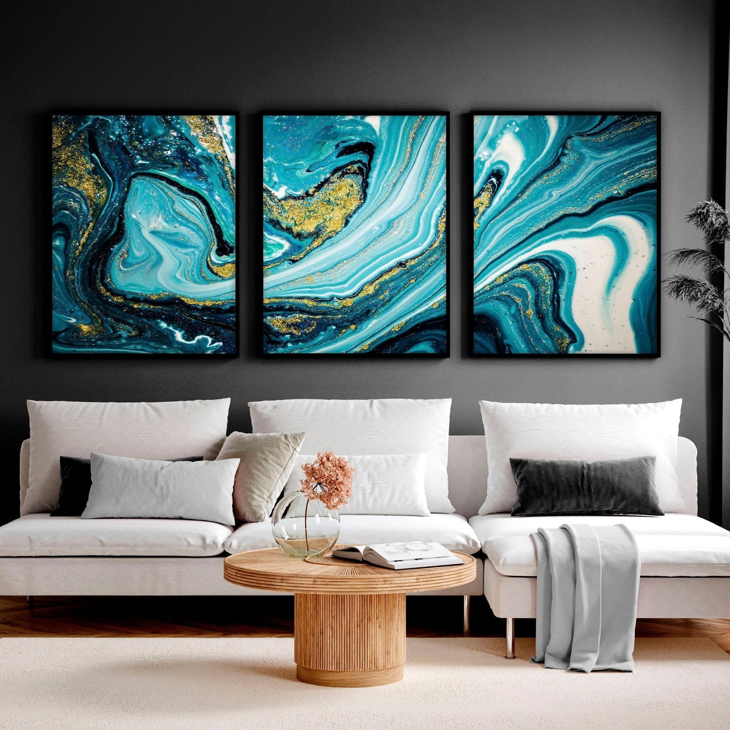 Teal Wall Art Set of 3 Framed Prints | Abstract Marble