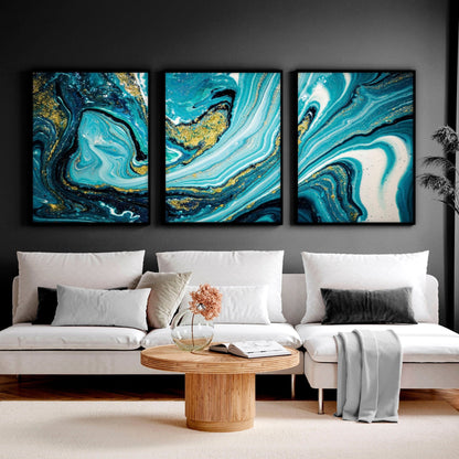 Teal Wall Art Set of 3 Framed Prints | Abstract Marble
