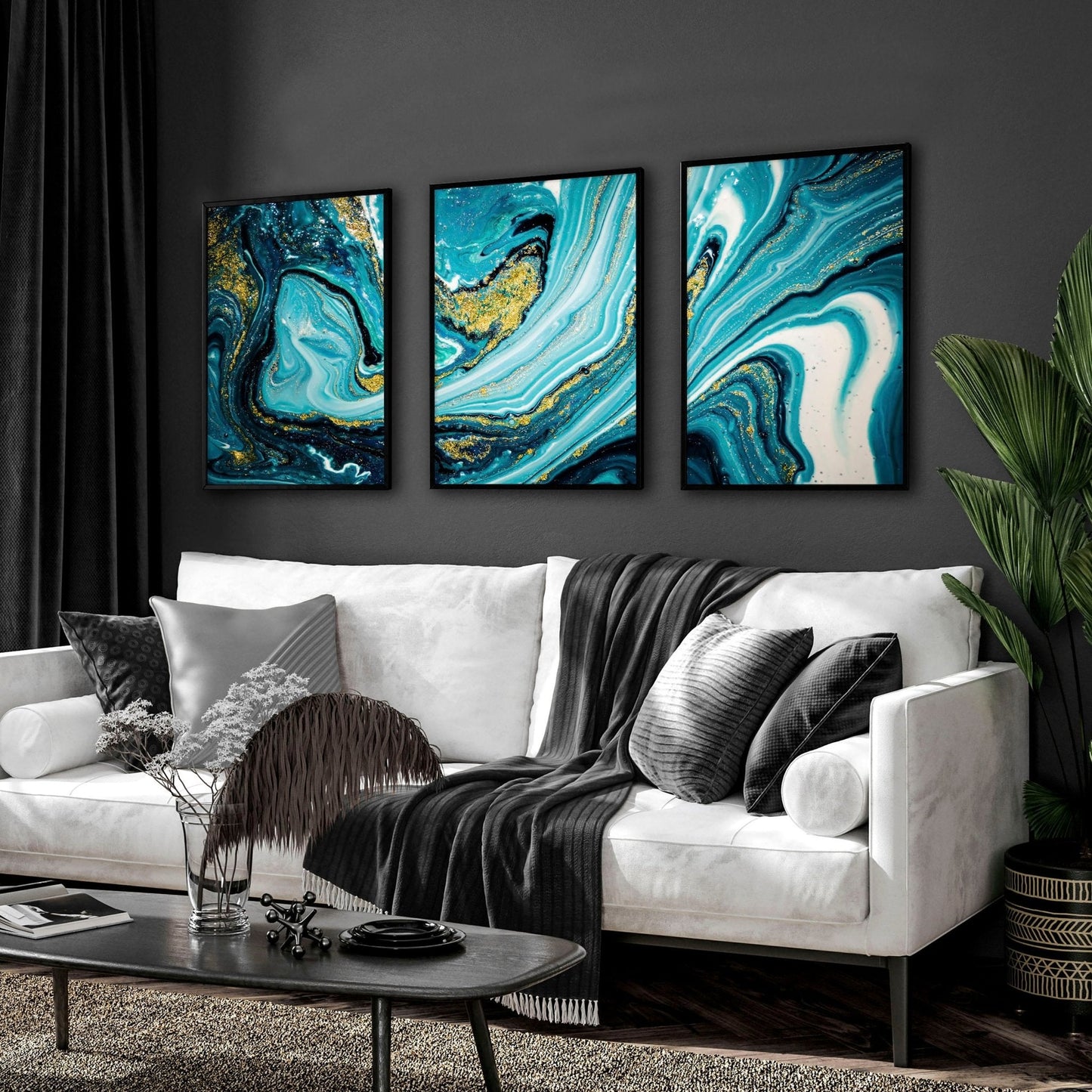 Teal Wall Art Set of 3 Framed Prints | Abstract Marble