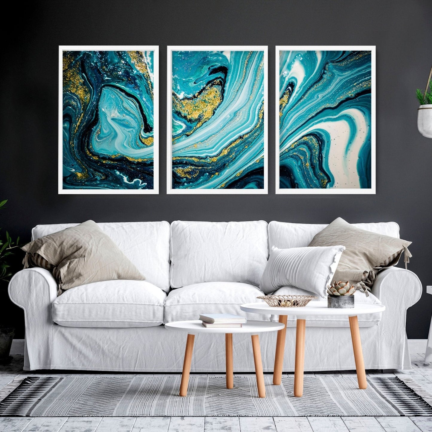 Teal Wall Art Set of 3 Framed Prints | Abstract Marble