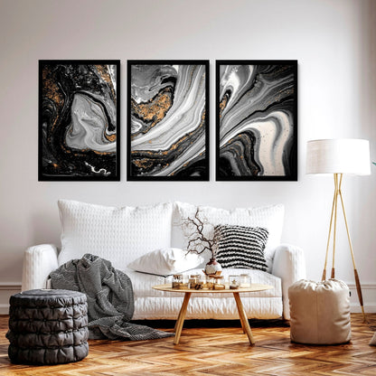 Black & Gold Wall Decor – Set of 3 Abstract Prints