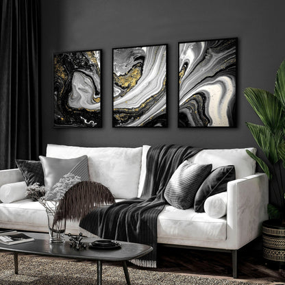 Black & Gold Wall Decor – Set of 3 Abstract Prints