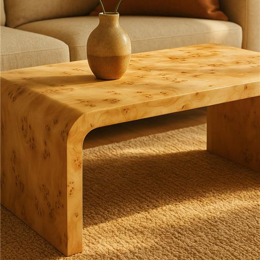 Natural Burl Wood Curved Coffee Table with Smooth Curved Edges | Mota