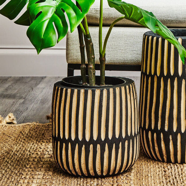 Arlo Black and Natural Small Engraved Wood Planter