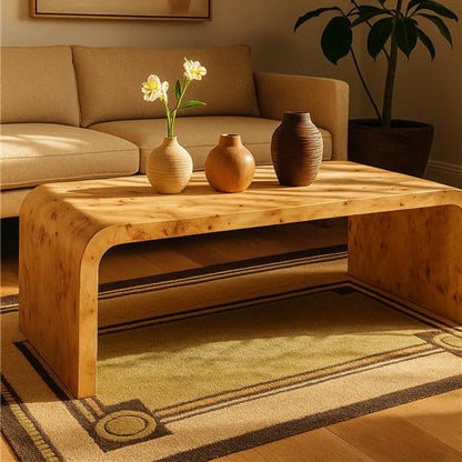 Natural Burl Wood Curved Coffee Table with Smooth Curved Edges | Mota
