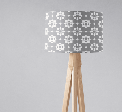 Grey and White Drum Lampshade, Victorian Tiles Design Shade for Table, Floor or Ceiling Pendant Light