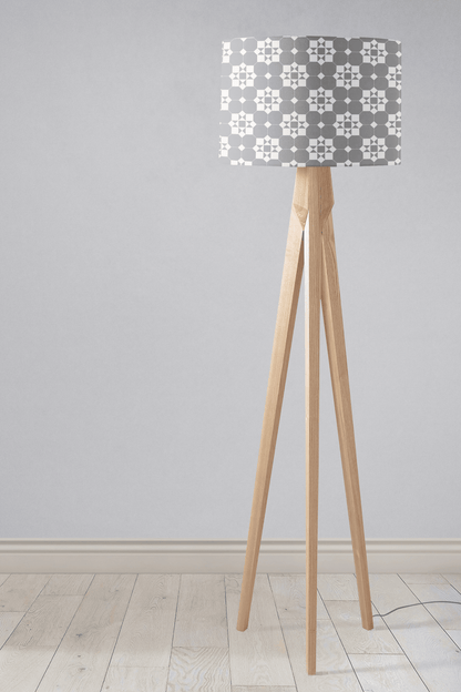 Grey and White Drum Lampshade, Victorian Tiles Design Shade for Table, Floor or Ceiling Pendant Light