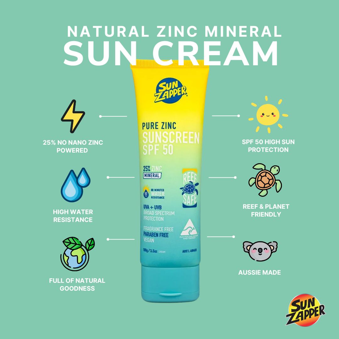 Pure Zinc Natural Sun Cream SPF 50 Reef Safe & Non Nano Zinc Oxide Sunscreen