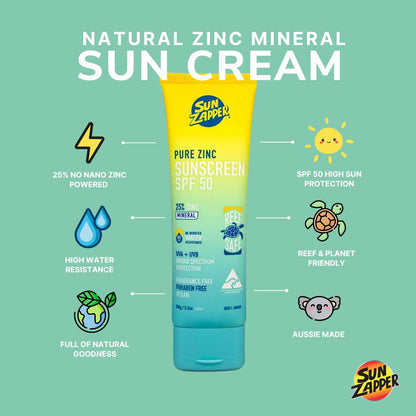 Pure Zinc Natural Sun Cream SPF 50 Reef Safe & Non Nano Zinc Oxide Sunscreen