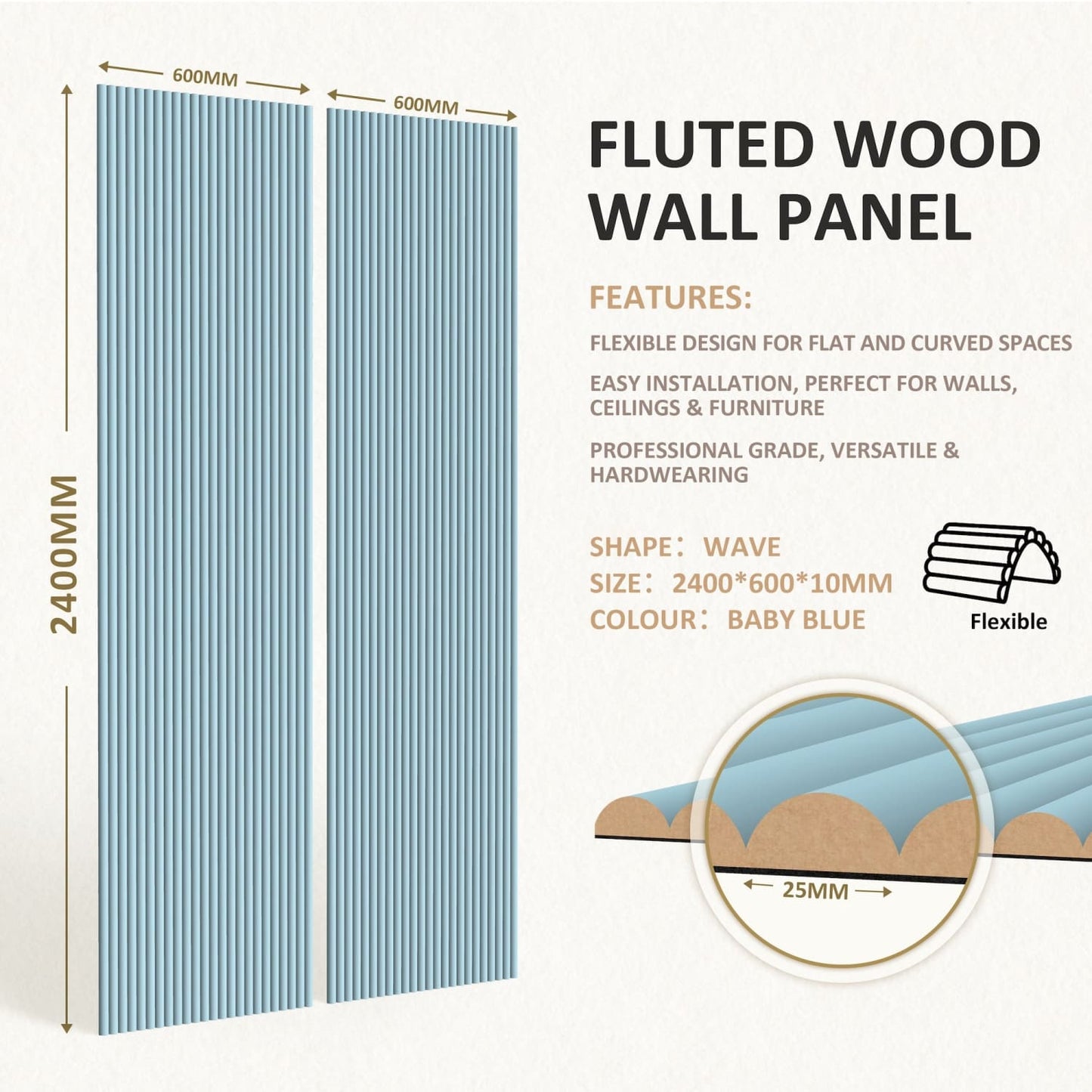 Large Fluted Wall Panels in Baby Blue - 240cm x 60cm