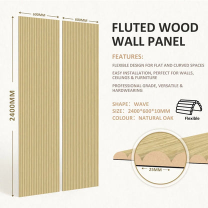 Large Fluted Wall Panels in Natural Oak - 240cm x 60cm