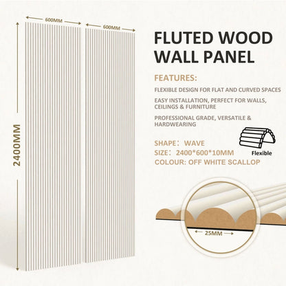 Large Fluted Wall Panels in Off White Scallop - 240cm x 60cm