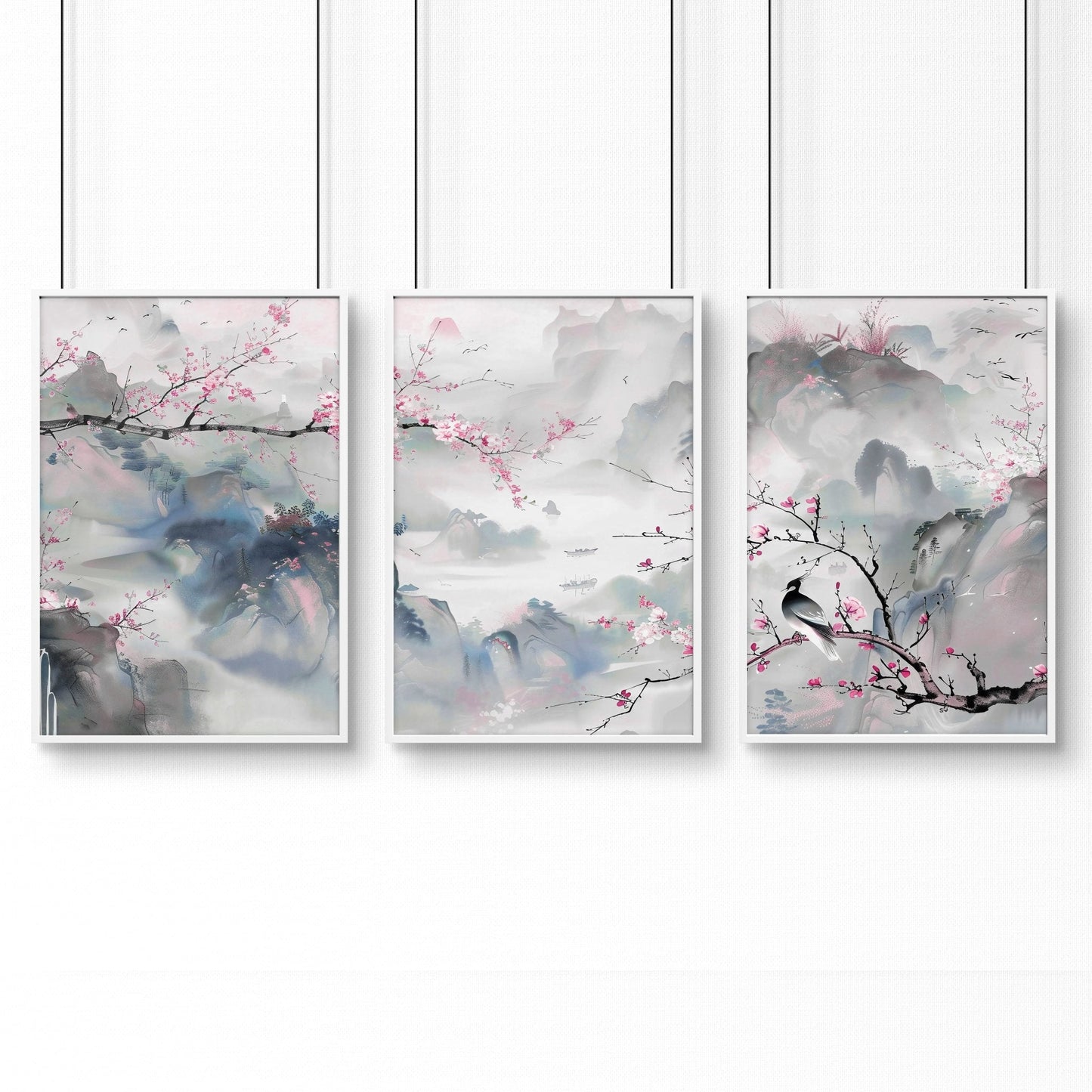 Large Modern Wall Art | Set of 3 Chinoiserie Wall art Prints