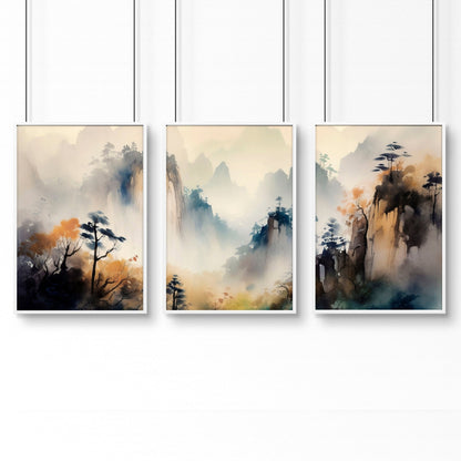 Living Room Wall Decor Modern | Set of 3 Asian Inspired Wall art Prints