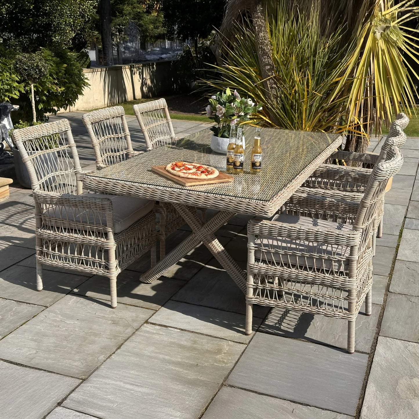 Luxury Provence Outdoor Rattan Dining Set 6 Seater With Glass Top Table And Olefin Cushions