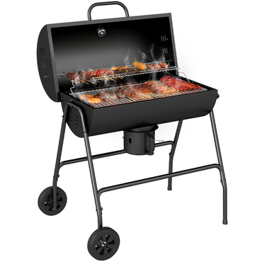 Barrel Charcoal Barbecue BBQ Grill Trolley W/ Ash Catcher Thermometer