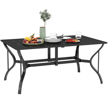 Garden Dining Table with Steel Frame and Slatted Top for Balcony Black