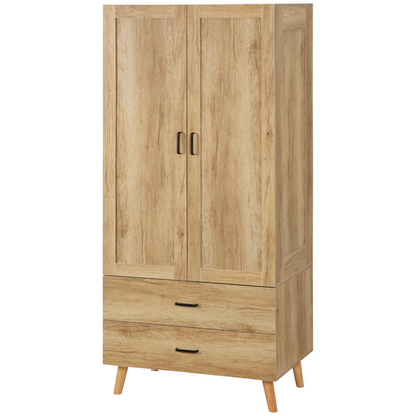 2 Door Wardrobe, Modern Wardrobe w/ 2 Drawer, Hanging Rail for Bedroom Natural