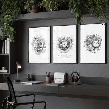 Male Office Decor | Set of 3 Abstract Clocks Wall art Prints