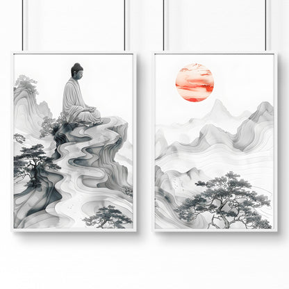 Modern Artwork For Living Room | Set of 2 Asian Inspired Wall art Prints