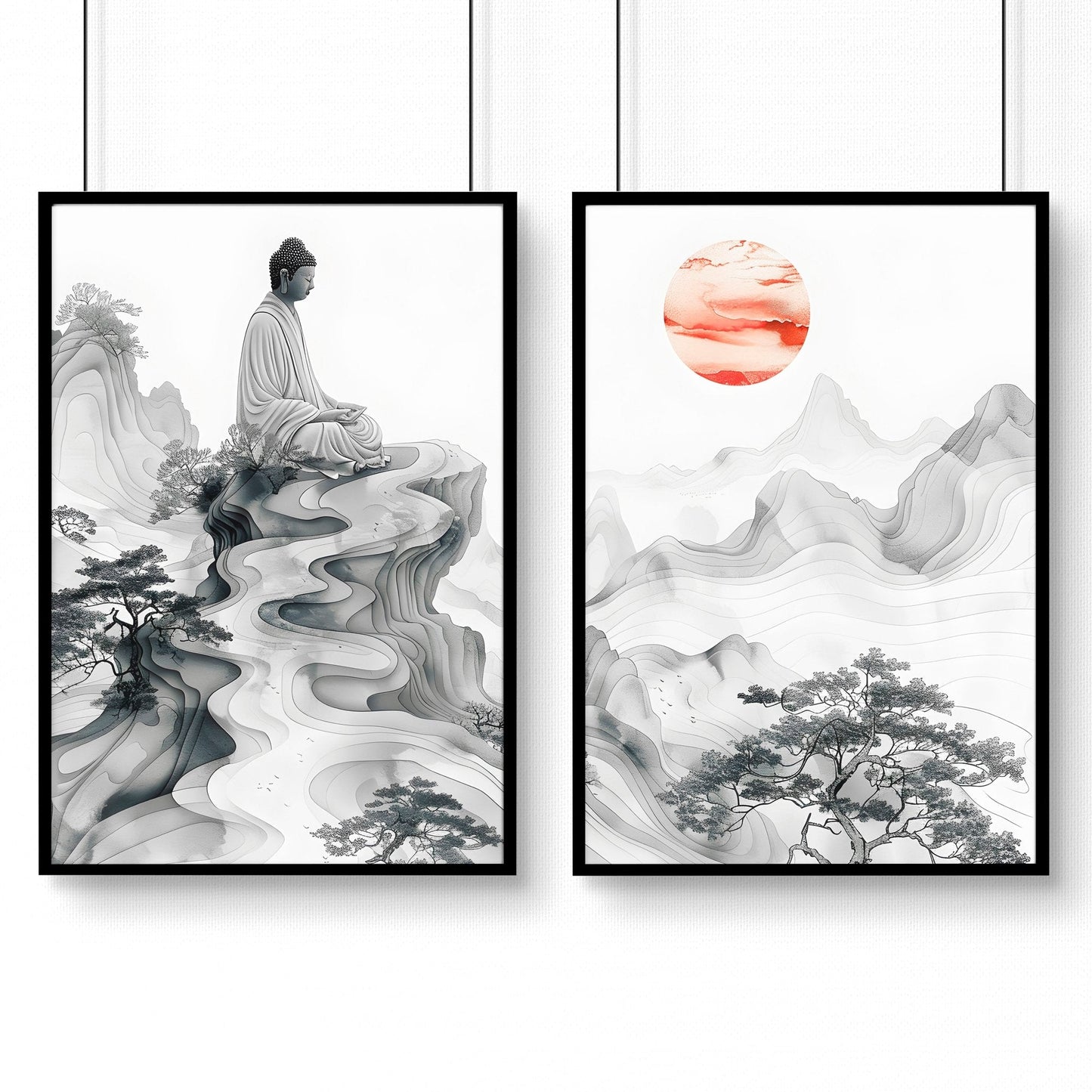 Modern Artwork For Living Room | Set of 2 Asian Inspired Wall art Prints