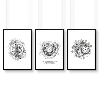 Modern Bedroom Wall Decor | Set of 3 Abstract Clocks Wall art Prints