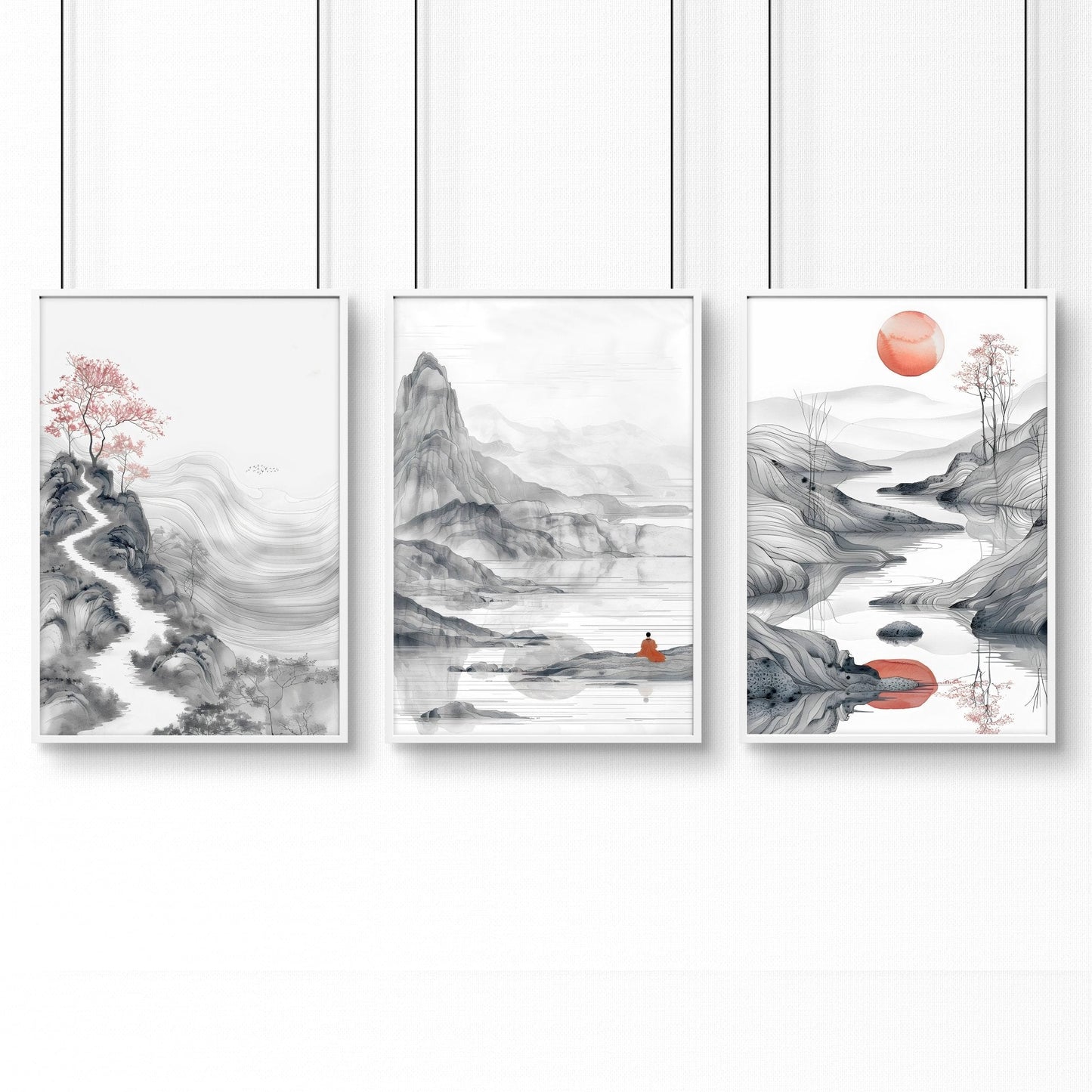 Modern Living Room Art | Set of 3 Asian Inspired Wall art Prints